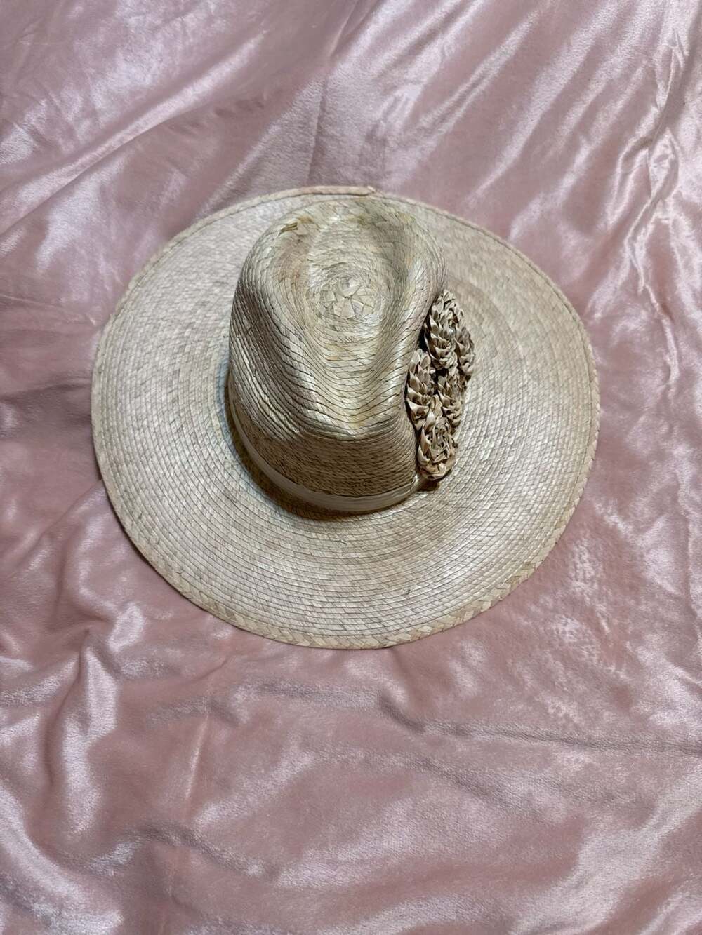 Handmade Mexican Palm Straw Rancher Hat with Raffia Flower Embellishments